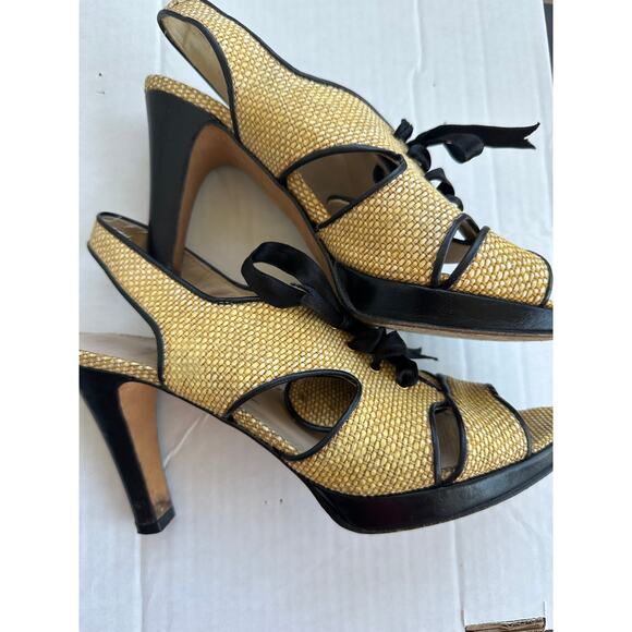 Ramon Tenza Spain Raffia Slingback Heels Peep Toe Black Trim Resort Wedding 7 - Picture 1 of 11